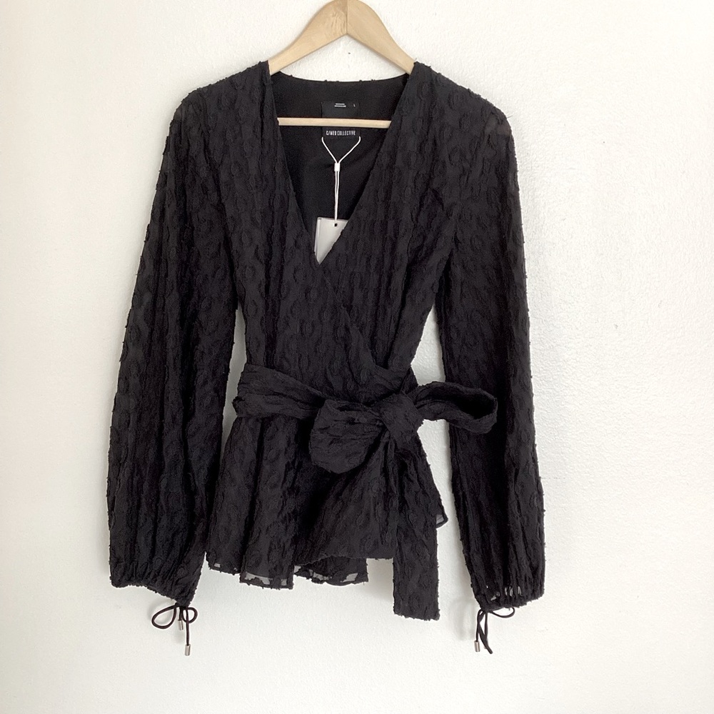 NEW C / MEO Collective Praises Long Sleeve Wrap Top in Black Size Large